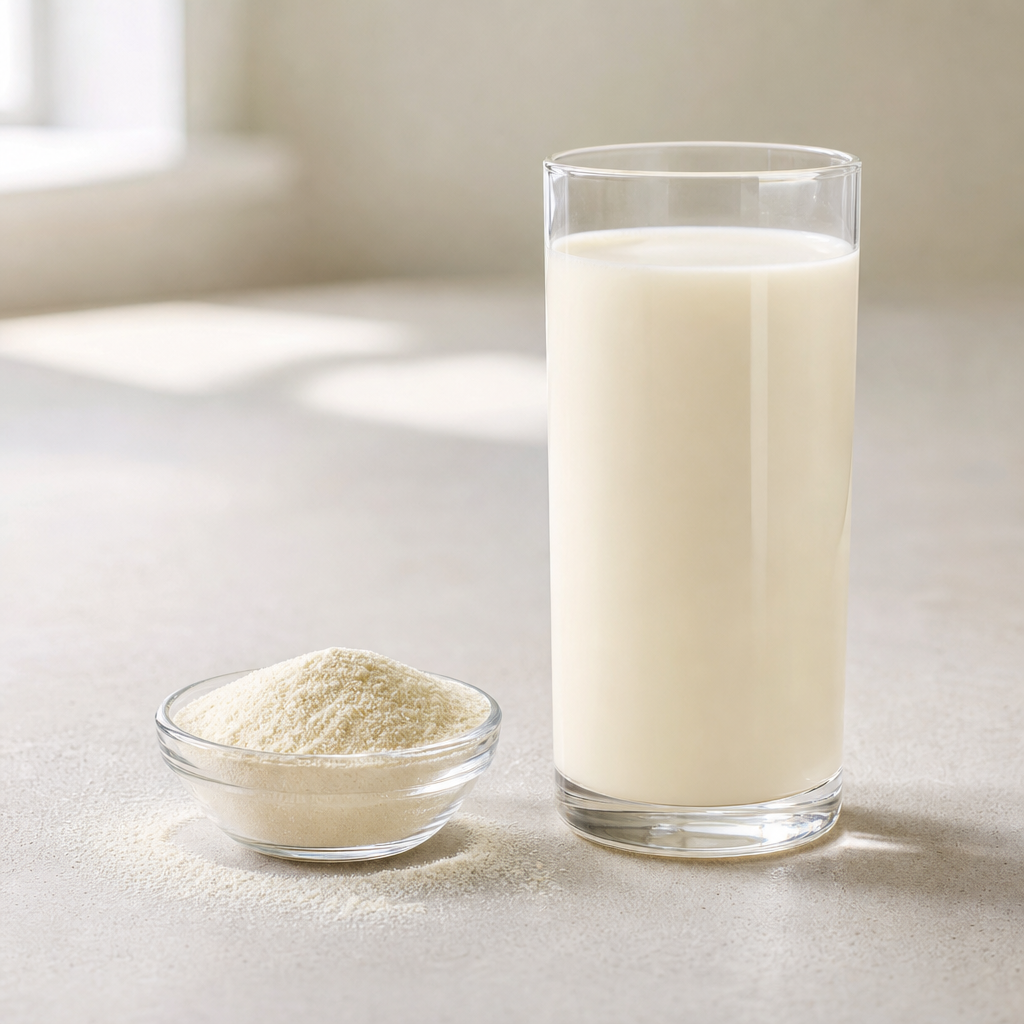 A tall glass of an opaque creamy beverage made with camel milk peptide powder beside a small glass dish of the fine off-white to cream powder on a light neutral surface