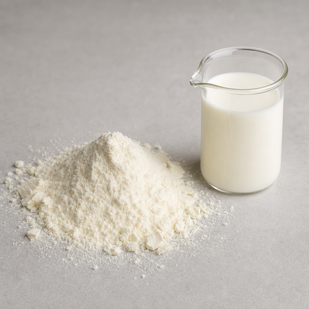 A neat heap of fine off-white to cream spray-dried camel milk protein powder with a few soft loose flakes beside a small clear glass beaker of fresh milk on a neutral light-grey surface