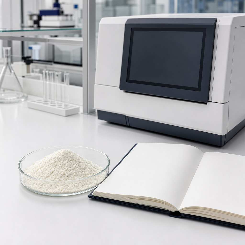 Benchtop analytical instrument with a blank dark display beside a glass dish of fine white to off-white collagen peptide powder and a laboratory notebook with blank pages on a white laboratory bench