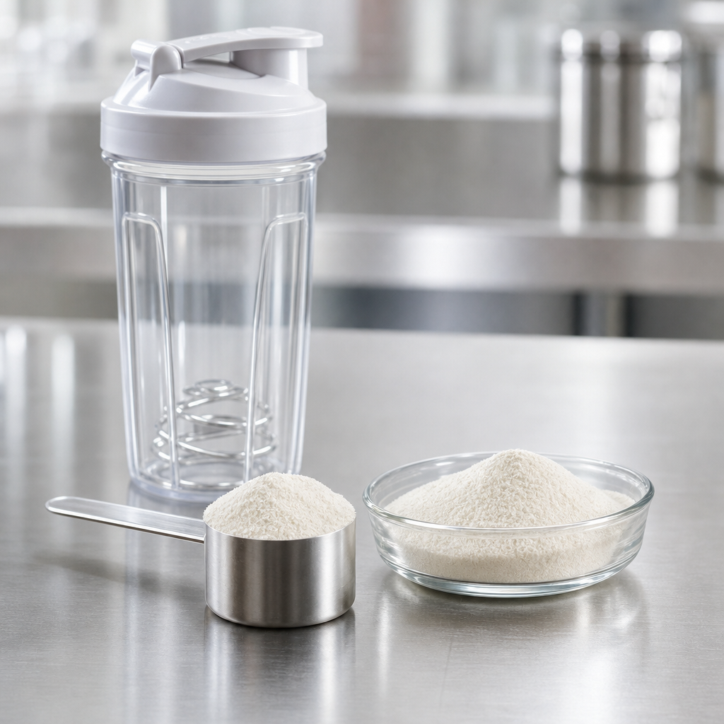 A clear shaker bottle with a stainless steel wire mixing ball beside a stainless steel scoop of fine white to off-white collagen peptide powder and a small glass dish of the powder on a brushed steel worktop