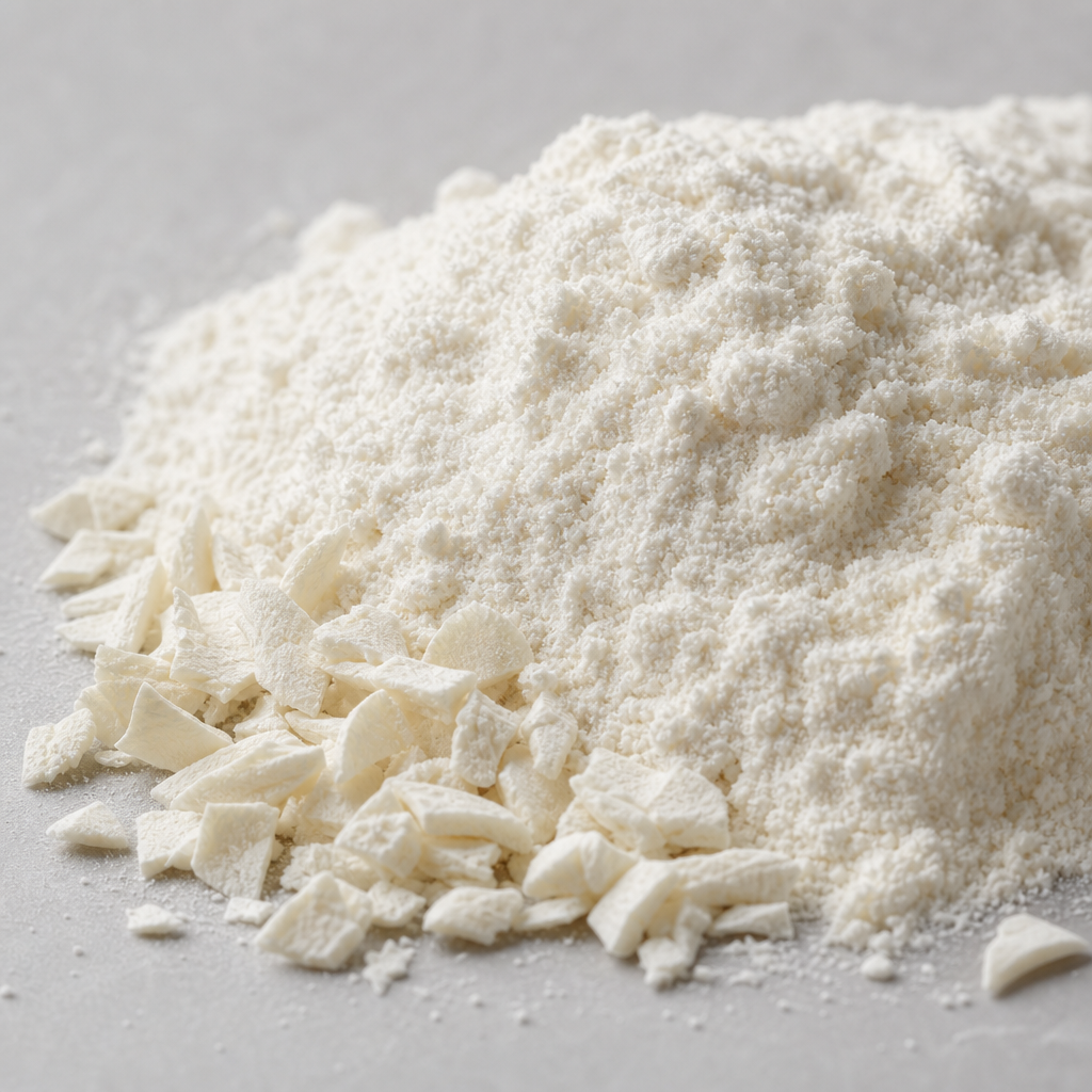 Tight macro of a neat mound of fine white to off-white dried collagen powder with soft matte agglomerates and small dry matte collagen chips at its edge on a neutral light-grey surface