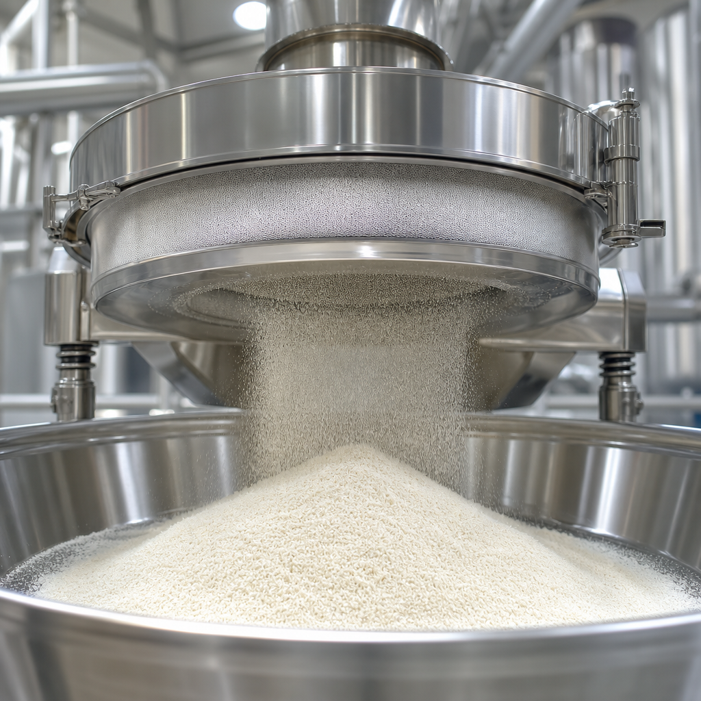 Fine off-white to cream collagen peptide powder cascading through the mesh of a stainless steel vibrating sifter into a wide stainless steel receiving tray in a hygienic processing plant