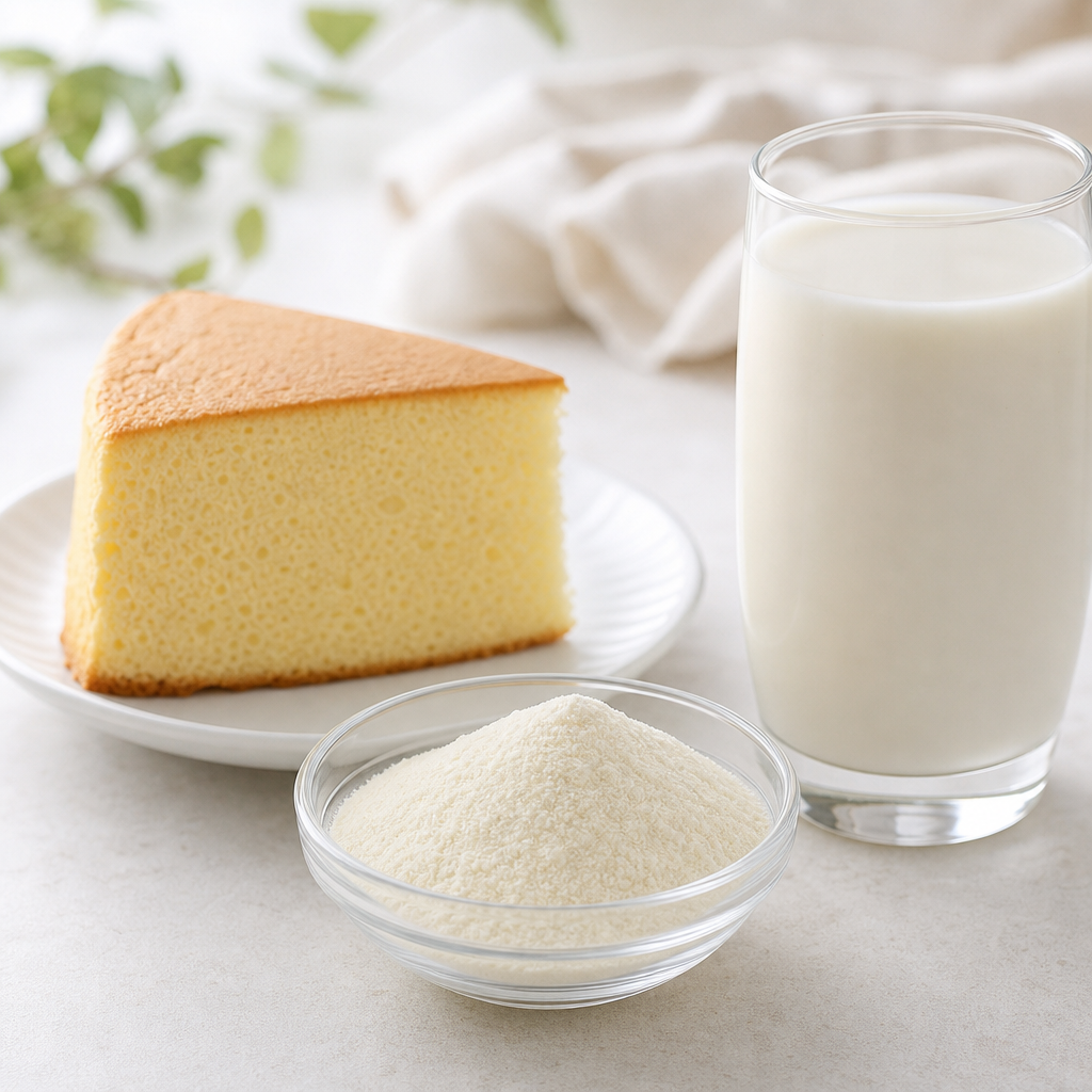 A wedge of plain unfrosted sponge cake and a tall glass of a milky dairy-style drink beside a small glass dish of fine off-white to cream collagen peptide powder on a light neutral surface