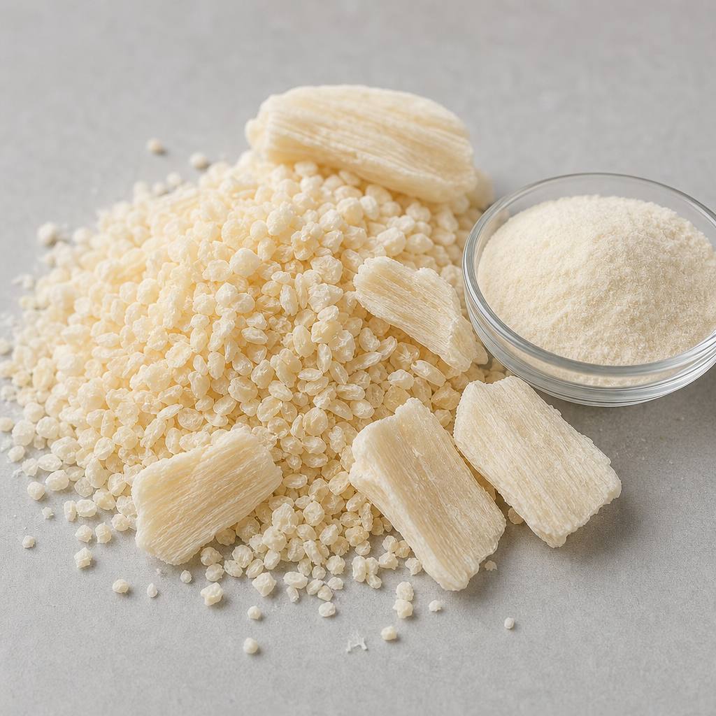 Coarse dried off-white to cream collagen granules and small dry matte chips arranged in a shallow mound beside a small glass dish of fine cream powder on a neutral light-grey surface