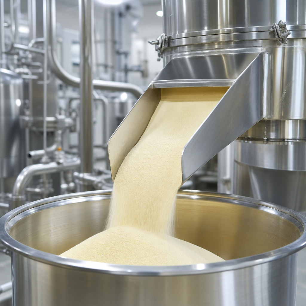 Fine light-yellow peptide powder flowing from a stainless steel discharge chute into a stainless steel collection vessel in an ingredient processing plant