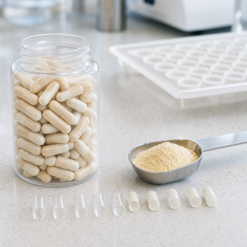 Fine light-yellow peptide powder in a stainless steel scoop and a small glass dish beside a clear jar of two-piece capsules on a supplement filling bench