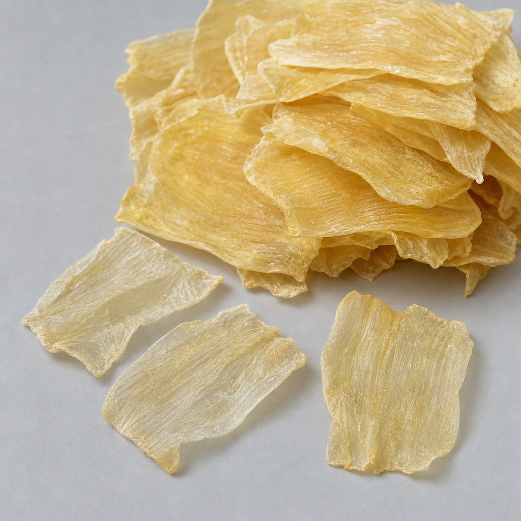 Dried pale-yellow thin membrane flakes with a matte, faintly ridged surface, arranged in a pile with a few pieces laid flat to show their layered structure