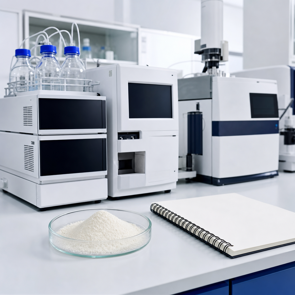 Analytical instruments with blank dark displays on a white bench beside a small glass dish of fine off-white Chinese yam peptide powder and a laboratory notebook with blank pages