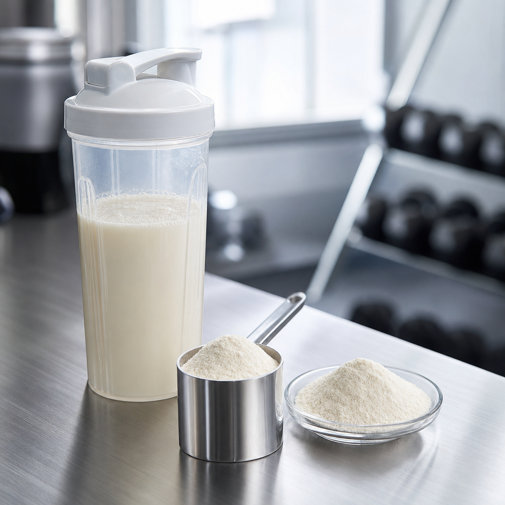 A clear shaker bottle of pale protein-style drink beside a stainless steel scoop of fine off-white Chinese yam peptide powder and a small glass dish of the powder on a brushed steel worktop