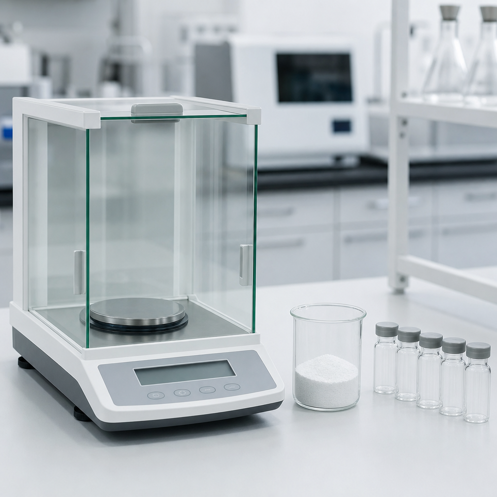 Quality-control laboratory balance and glass beaker with fine white cod skin collagen peptide powder