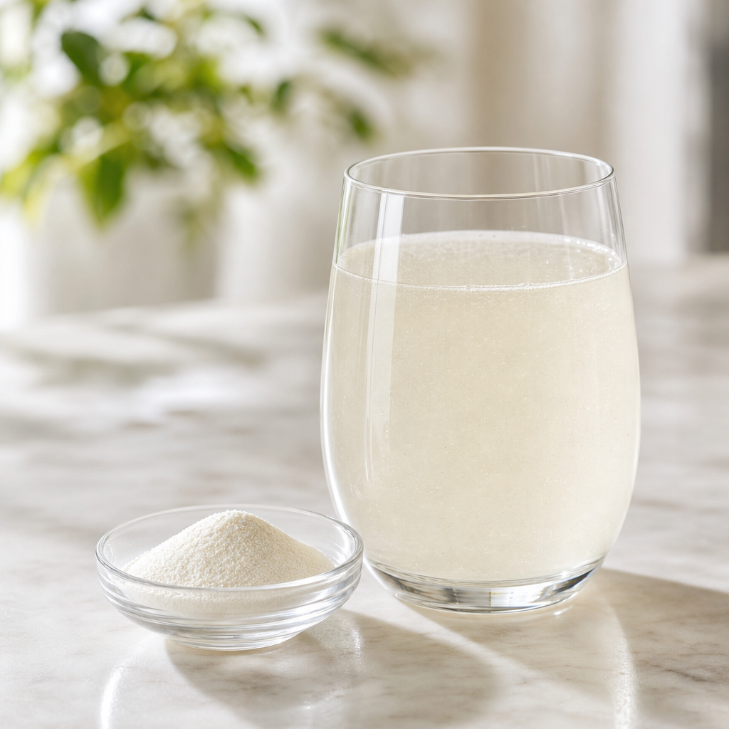Fine white cod skin collagen peptide powder beside a glass of finished beverage