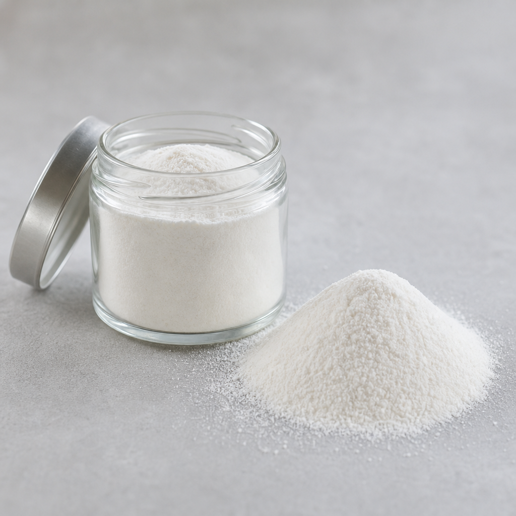 Fine white cod skin collagen powder in a clear glass jar beside a loose heap of the same powder