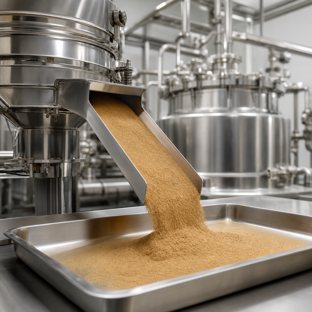 Codonopsis root extract powder flowing on a stainless steel processing line