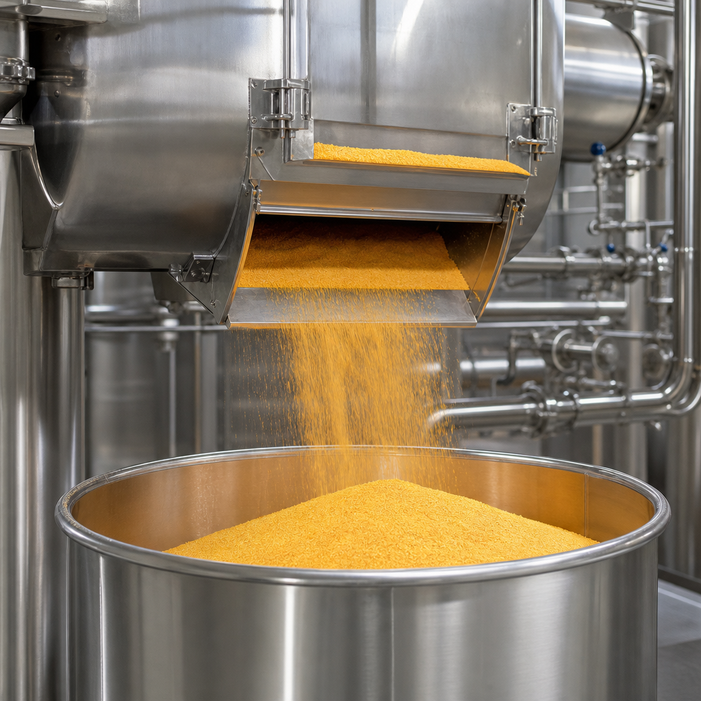 Horizontal stainless steel ribbon blender discharging a steady stream of fine yellow to orange crystalline powder into a polished stainless steel collection bin inside a bright hygienic processing plant