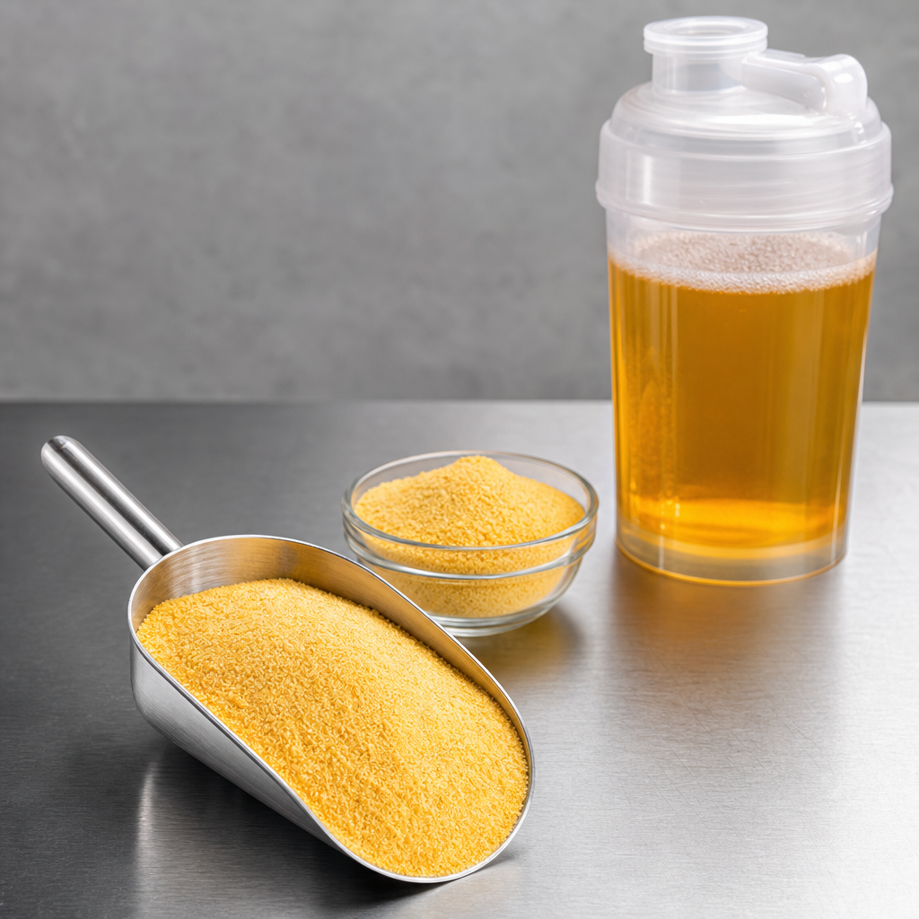Stainless steel scoop holding a rounded ridge of fine yellow to orange crystalline powder in the foreground, with a small glass dish of the same powder and a clear shaker bottle of golden amber protein-style drink on a brushed steel worktop