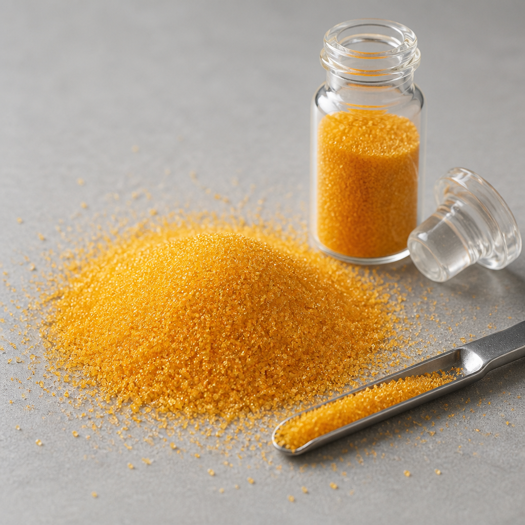 Fine dry yellow to orange crystalline Coenzyme Q10 powder heaped on a soft neutral surface beside a small clear glass vial with its stopper set aside and a slim stainless steel micro scoop holding a ridge of the same powder