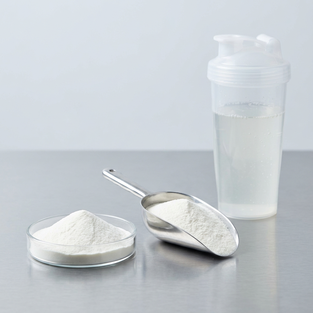 Collagen peptide grade A+ powder in a clear sports nutrition shake