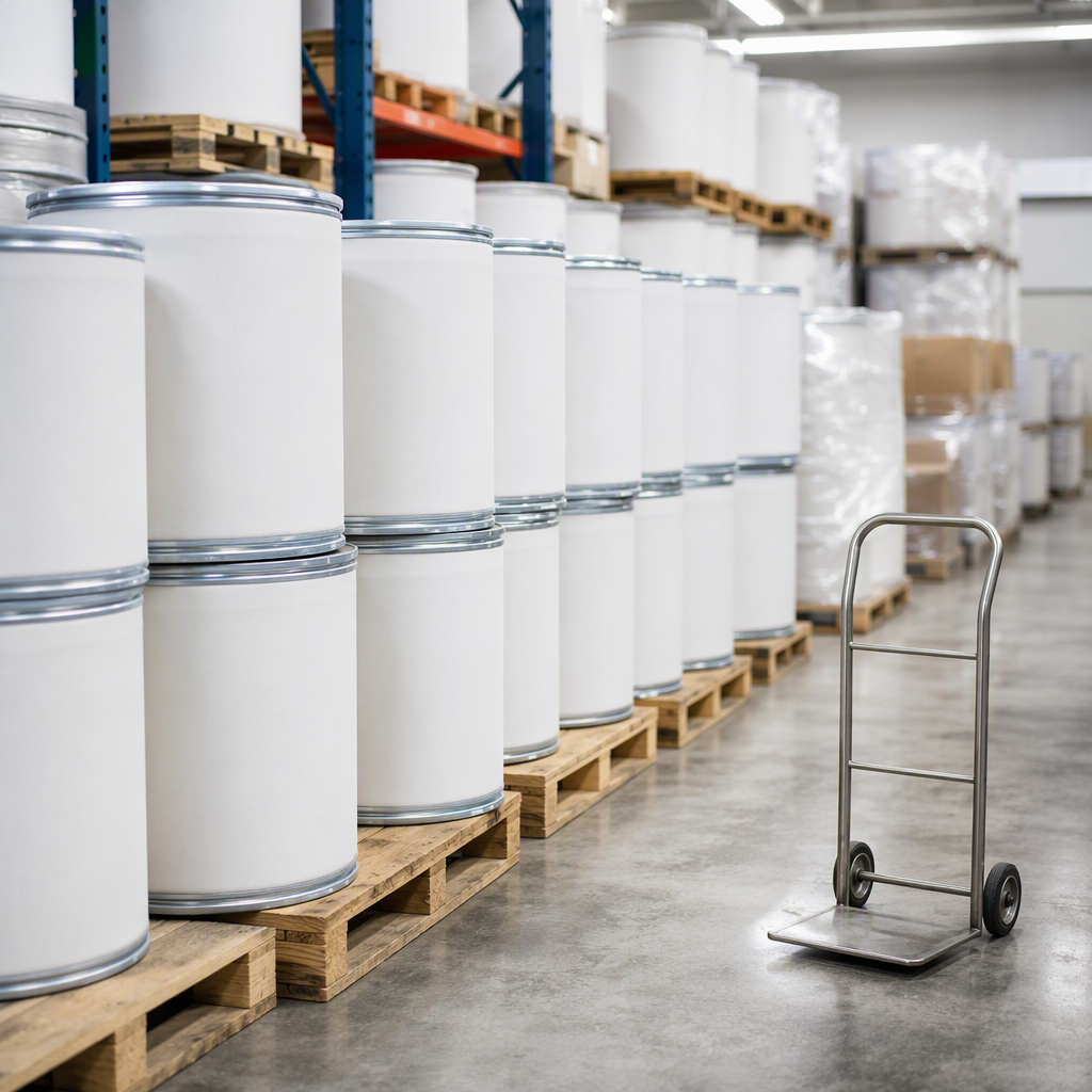 Neatly stacked white fibre drums on wooden pallets receding in rows through an ingredient warehouse with shrink-wrapped pallets and a stainless steel hand truck