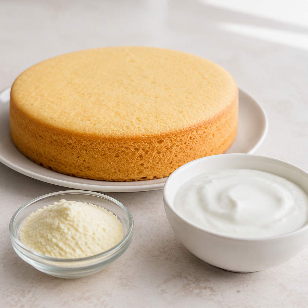 A plain unfrosted sponge cake on a white plate and a small bowl of plain yogurt beside a small glass dish of fine off-white to light-yellow corn oligopeptide powder on a light neutral surface