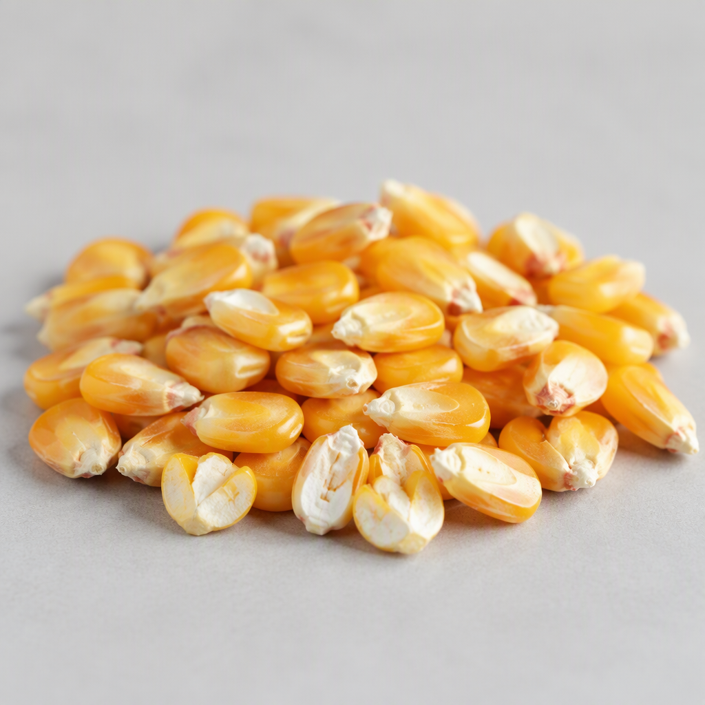 Dried maize kernels (Zea mays), flattened golden-yellow corn seeds with smooth glossy coats, a few cracked open to show the pale starchy interior, in a neat pile on a neutral light-grey surface