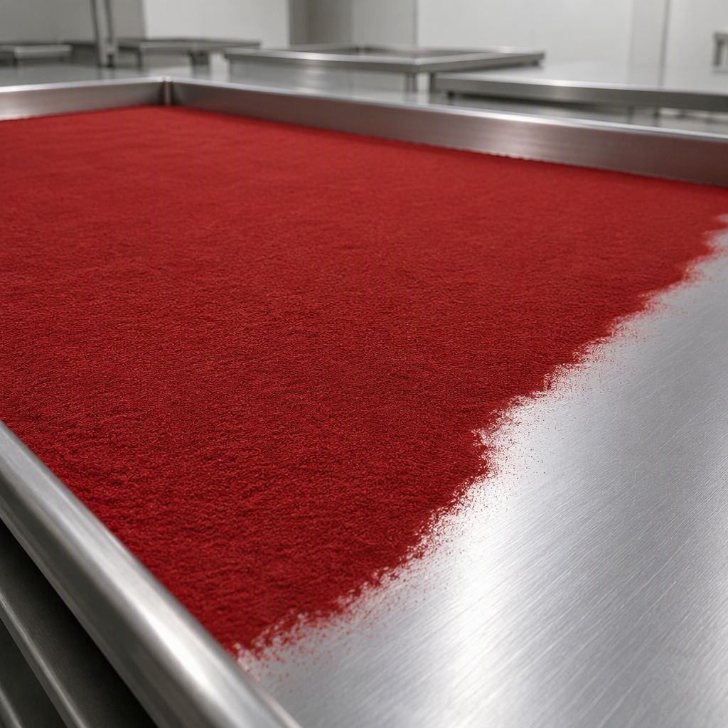 Crocin powder spread across a stainless steel drying tray