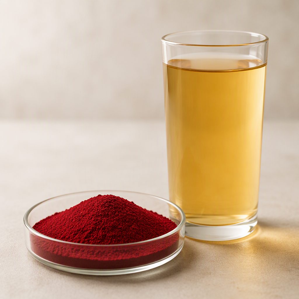 Crocin powder beside a glass of pale golden beverage