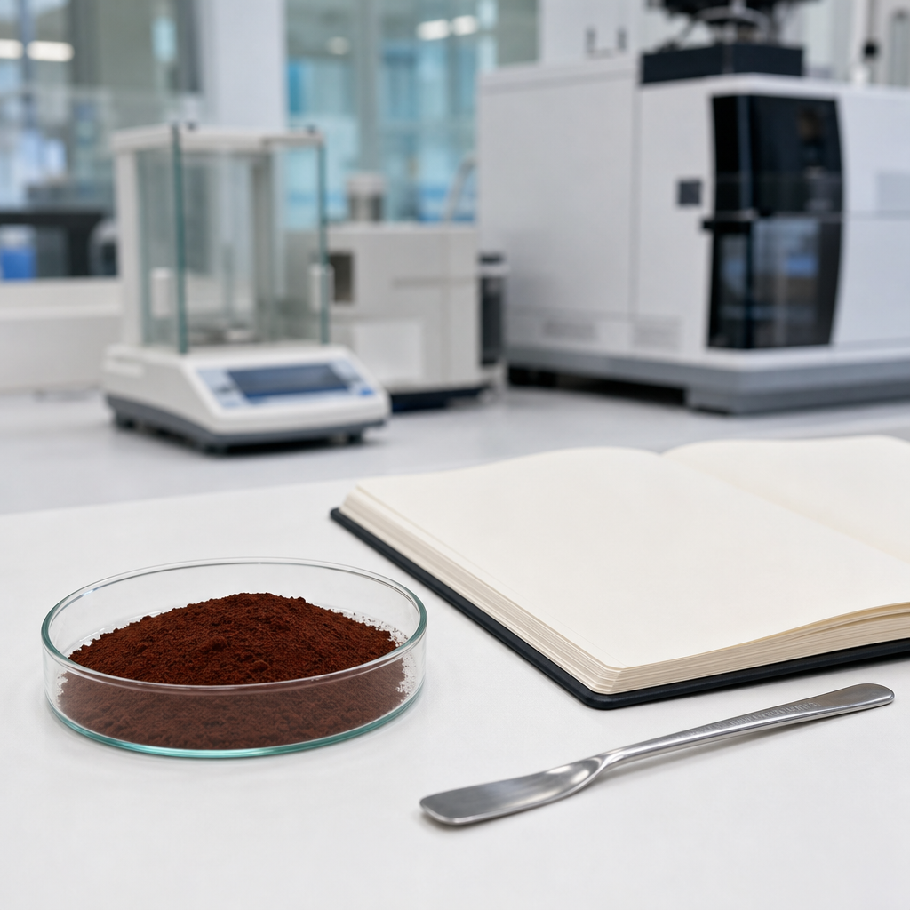 A small clear glass petri dish of fine dark-red to brown crocodile blood peptide powder beside a laboratory notebook with blank pages and a stainless steel spatula on a white quality-control bench