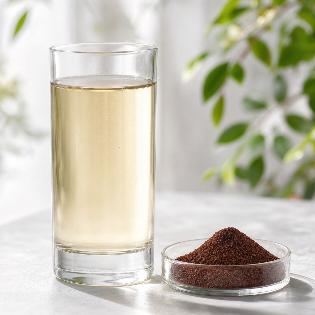 A tall clear glass of a pale finished beverage beside a small glass dish of fine dark-red to brown crocodile blood peptide powder on a light neutral surface