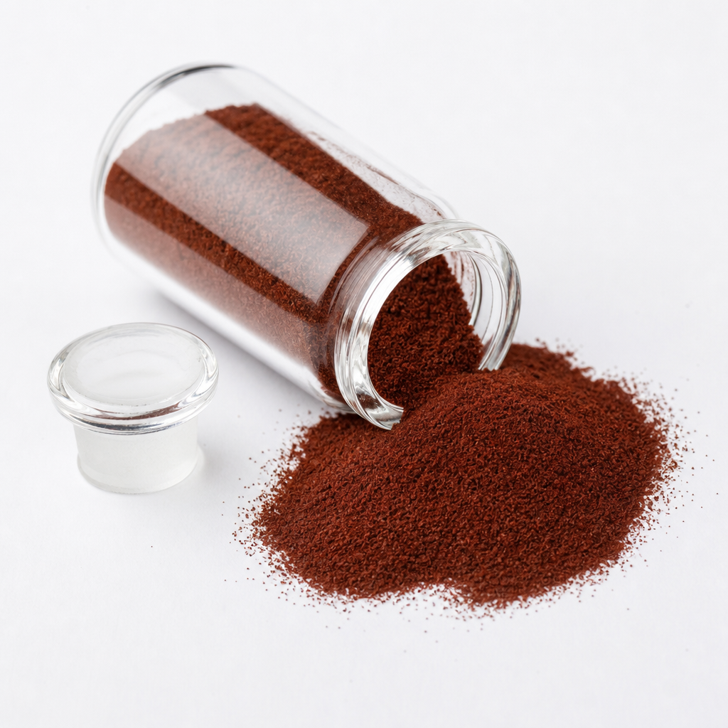 A clear glass vial lying on its side with its stopper beside it, filled with fine dark-red to brown dried crocodile blood peptide powder spilling out as an even fine dusting on a pure white surface
