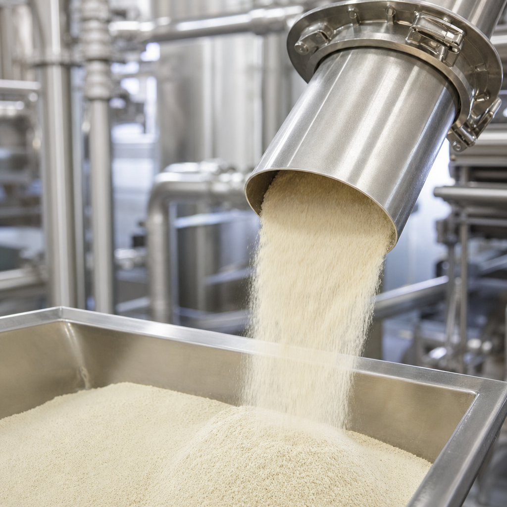 Fine off-white collagen peptide powder discharging from stainless steel processing equipment into a wide stainless steel receiving tray
