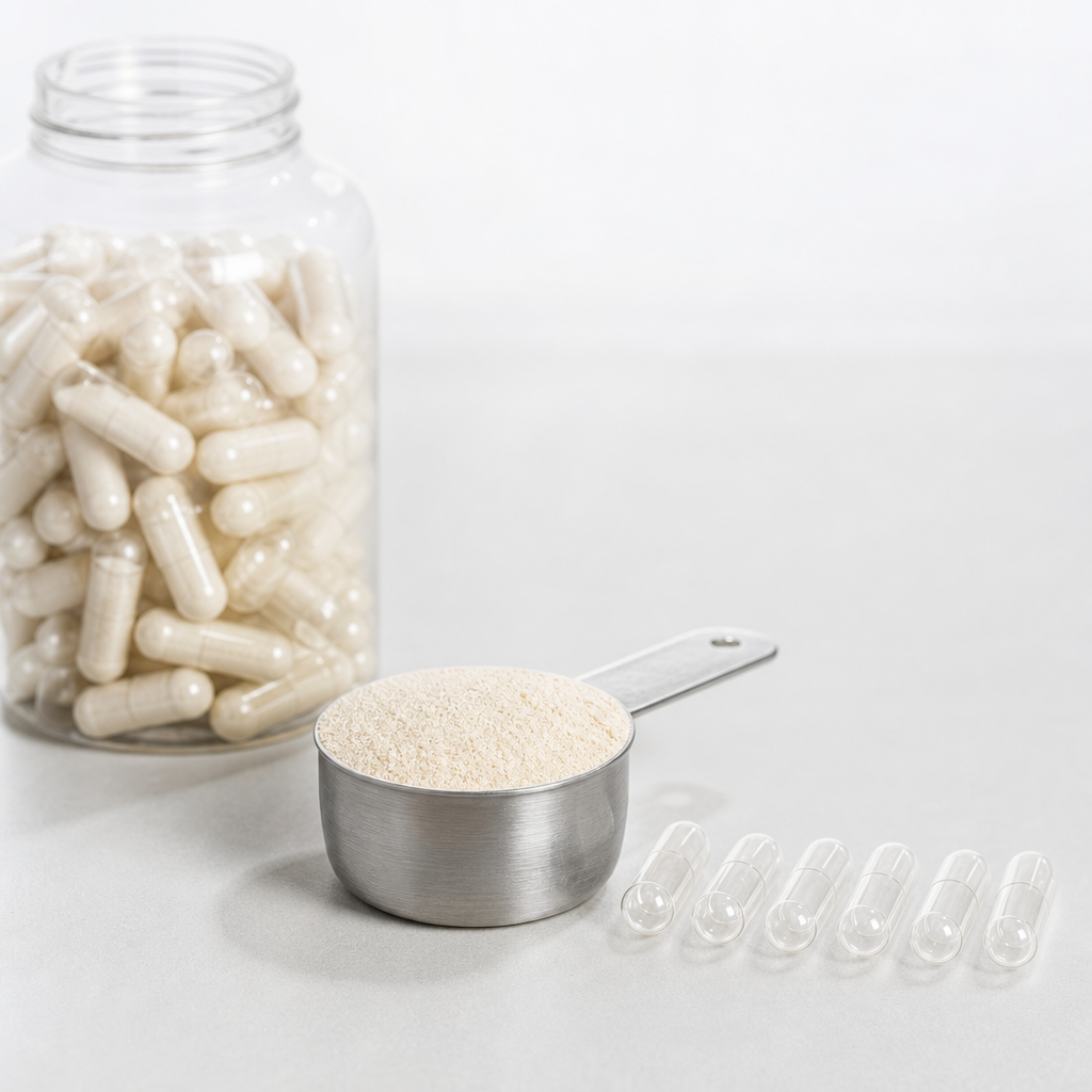 Clear bottle of plain capsules, a stainless scoop of off-white collagen peptide powder and a row of empty capsules on a supplement filling bench