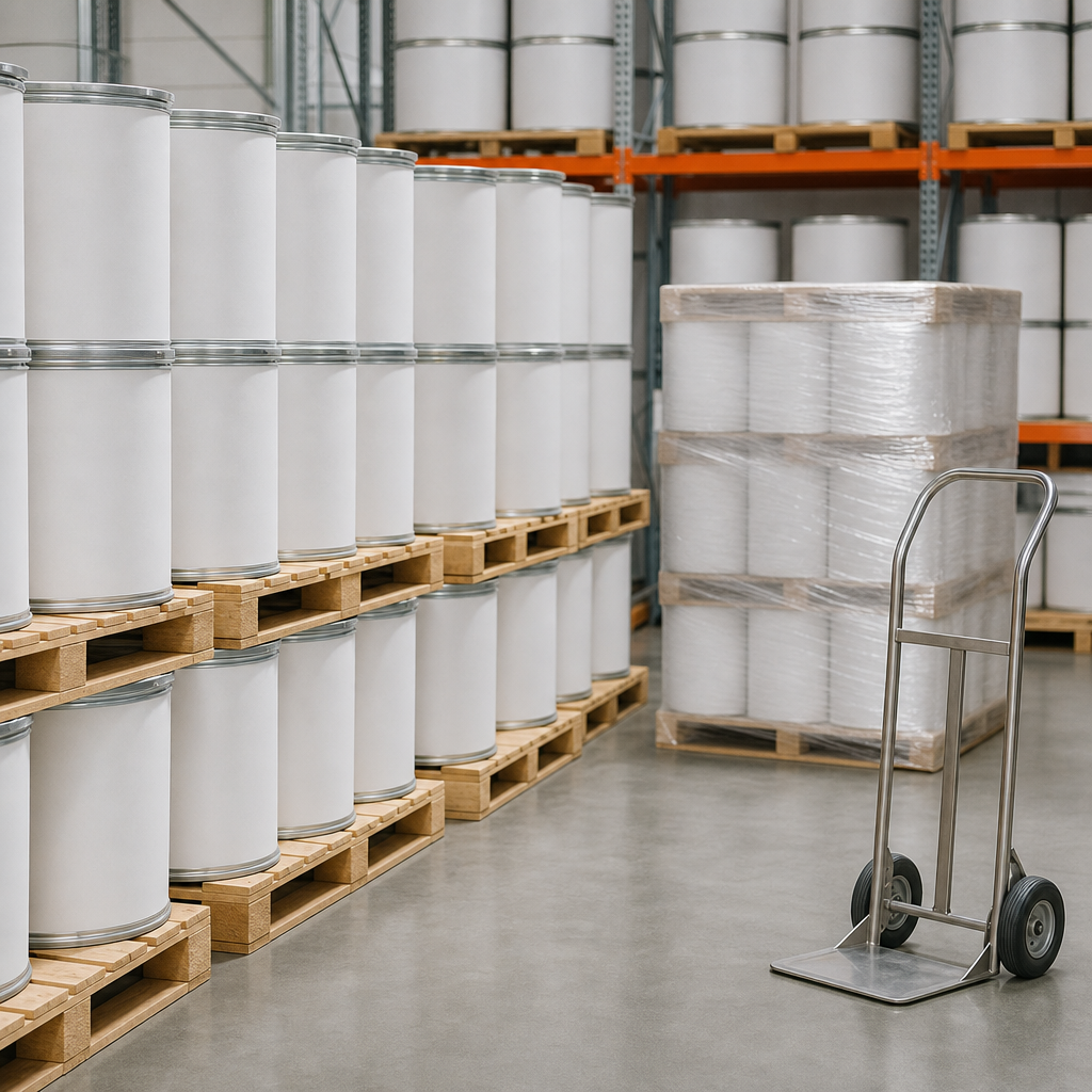 Neatly stacked plain white fibre drums on wooden pallets with a shrink-wrapped pallet and a stainless steel hand truck in an ingredient warehouse