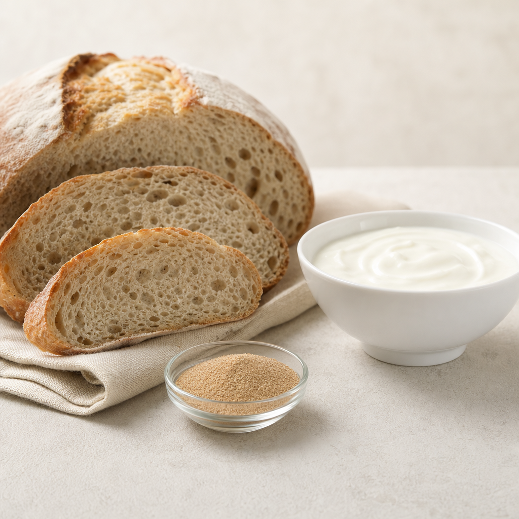 Sliced sourdough bread and a bowl of plain dairy product beside a small glass dish of fine tan peptide powder