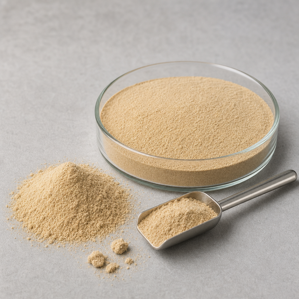 Dried crocodile peptide material shown as a fine tan powder in a shallow glass dish with a stainless steel scoop and a few soft dry granules