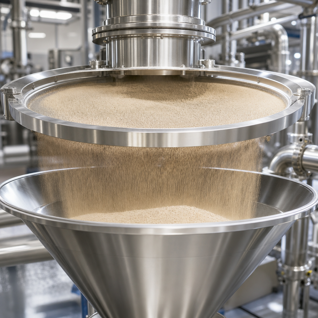 Fine light-tan crocodile peptide powder cascading off a stainless steel rotary sieving screen as a soft even curtain into a conical stainless steel receiving hopper in a hygienic processing plant