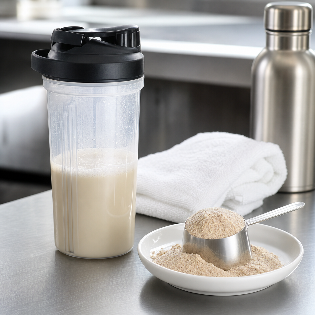 A clear shaker bottle half-filled with a pale protein-style drink beside a stainless steel scoop of fine light-tan crocodile peptide powder resting on a small white dish, with a folded white towel and a stainless steel water bottle behind