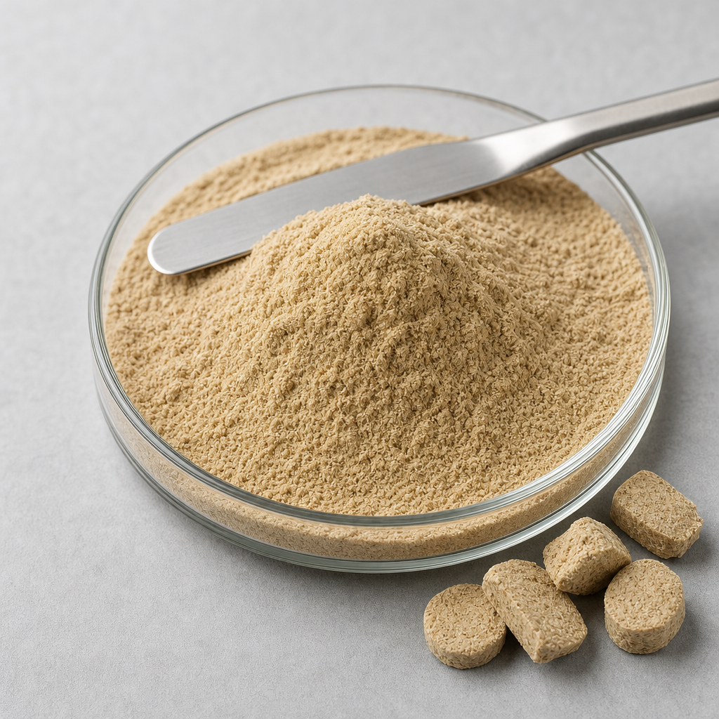 A shallow clear glass dish of fine light-tan dried crocodile peptide powder with a stainless steel spatula resting across it and a few small compressed dry powder pieces beside it on a neutral light-grey surface