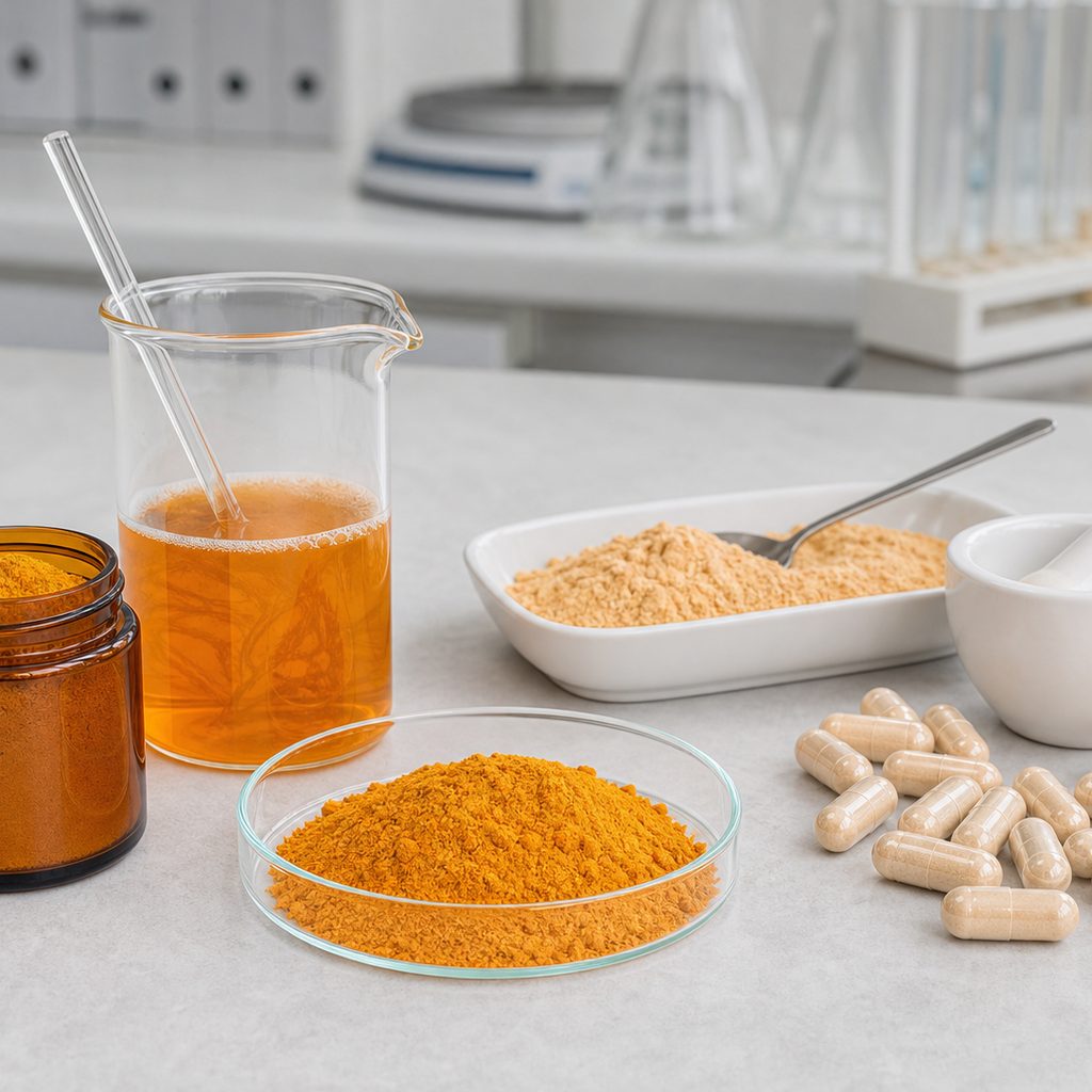 Curcumin extract powder for capsule, powder blend and beverage formulation evaluation