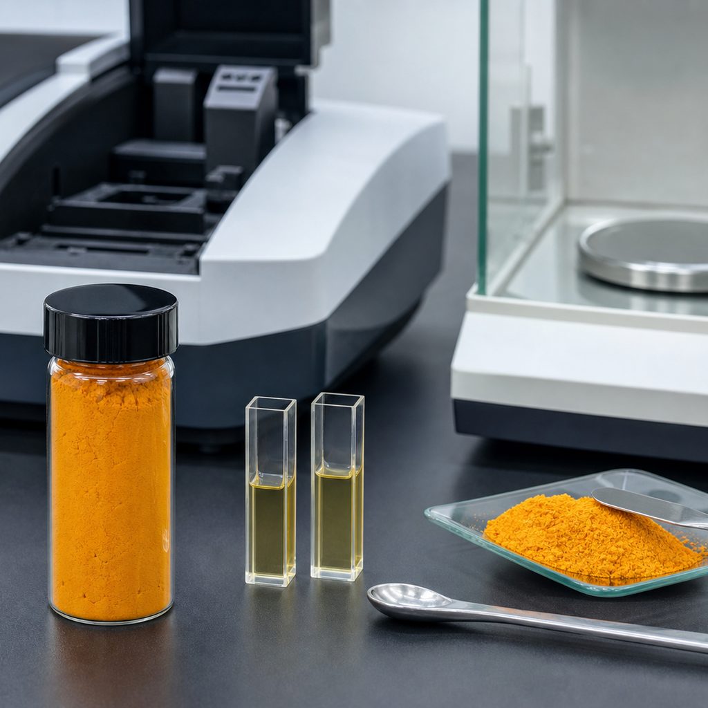 Curcumin powder sample with UV spectrophotometer cuvettes and laboratory balance