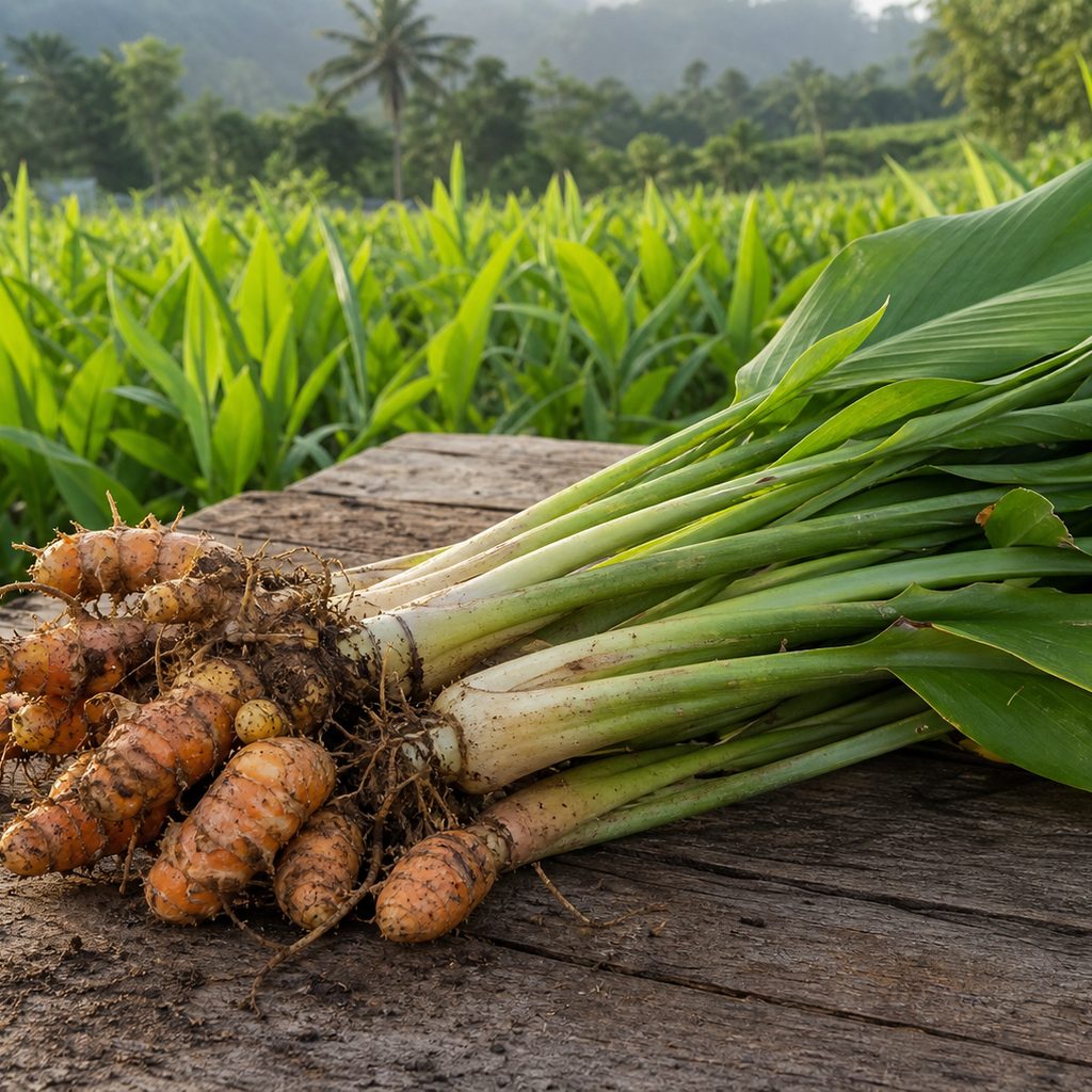 Freshly harvested Curcuma longa rhizomes and leaves at a cultivation field