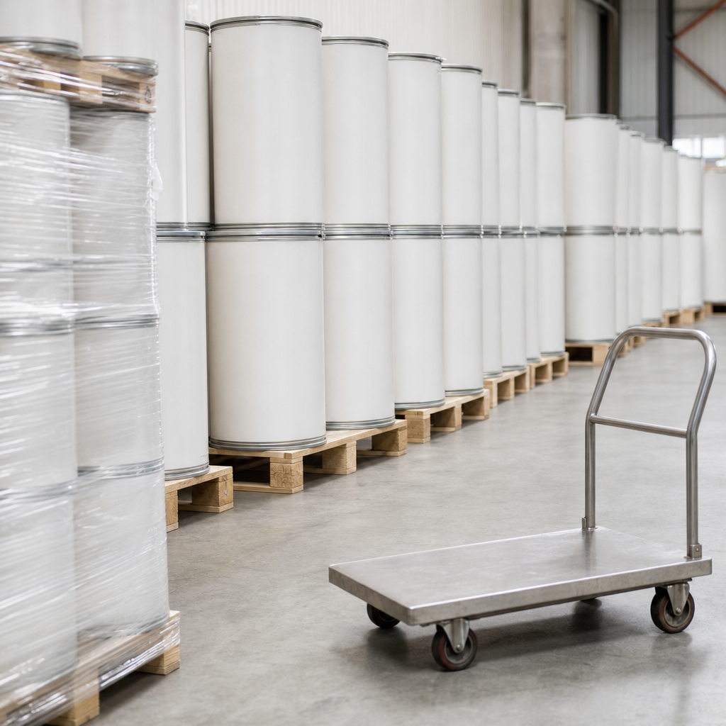 Ingredient warehouse aisle with neatly stacked plain white fibre drums on wooden pallets receding diagonally into the distance, shrink-wrapped pallets of the same unprinted drums at the left and a stainless steel platform hand truck angled in the right foreground