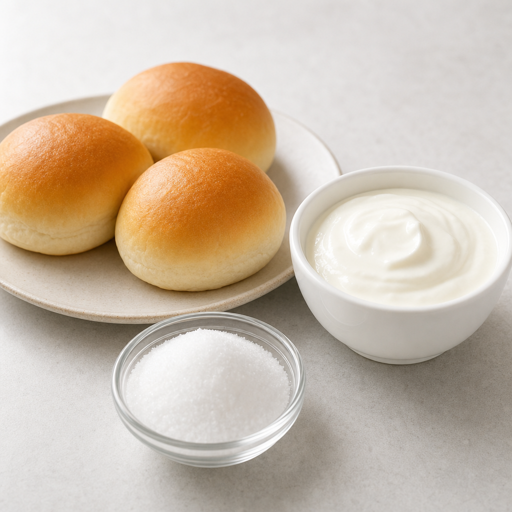 Food-application still life with a plate of three plain baked rolls and a white bowl of a smooth dairy-style product arranged beside a small clear glass dish of fine white crystalline powder on a light neutral surface