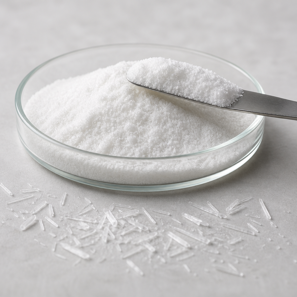 D-Calcium Pantothenate raw material shown as a fine white crystalline powder held in a shallow clear glass dish with a slim stainless steel spatula lifting a level ridge of the powder and a few larger needle-shaped white crystals scattered across the near foreground