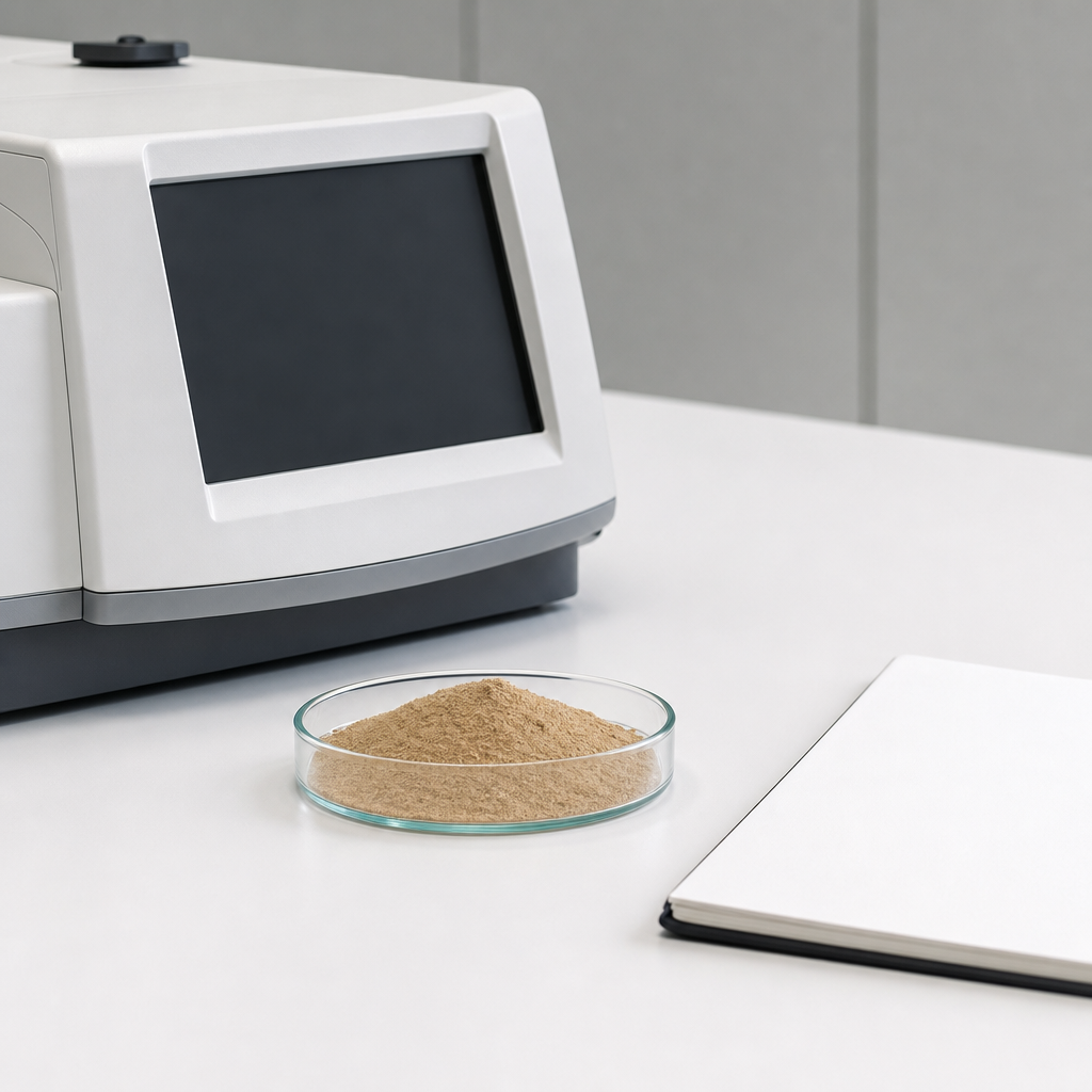 Quality-control laboratory bench with a bench-top analytical instrument with a blank dark screen, a glass dish of fine tan to light-brown peptide powder and a blank notebook