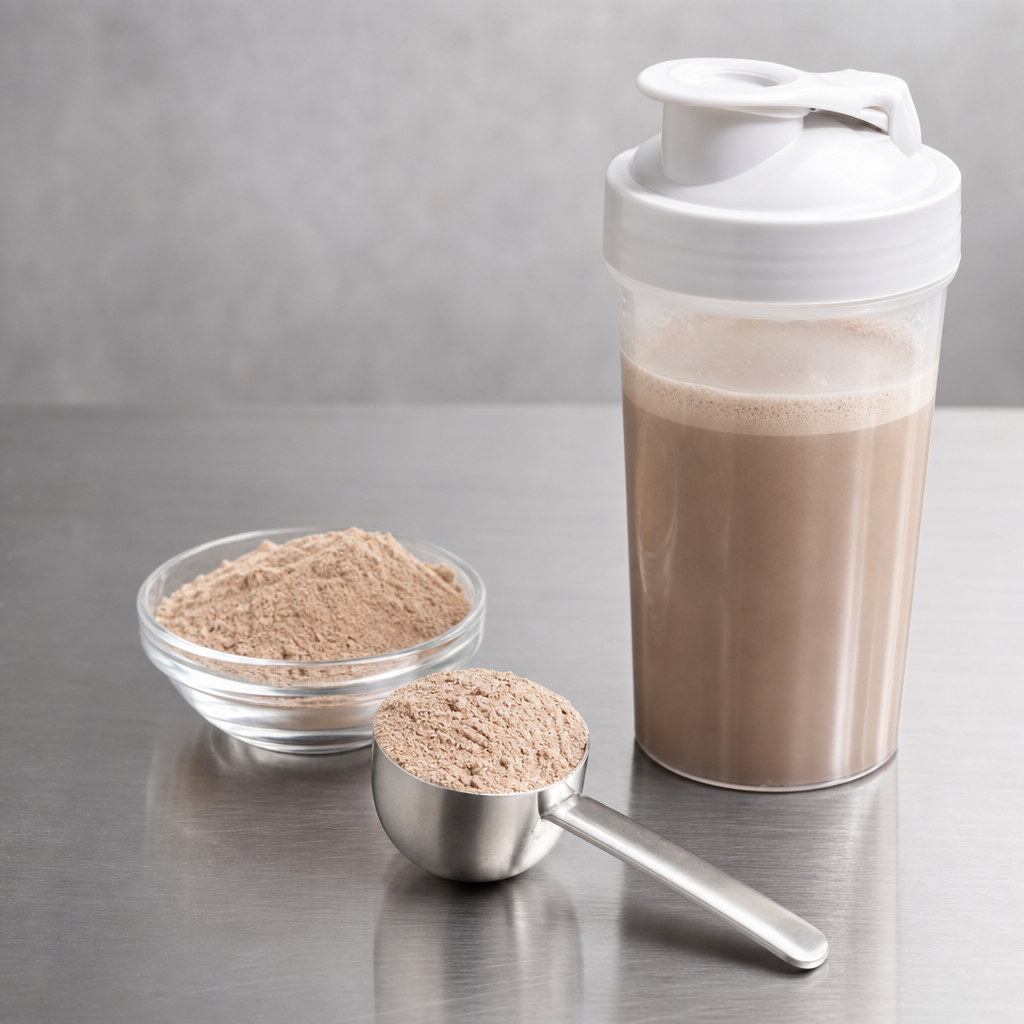 Fine tan to light-brown peptide powder in a stainless steel scoop and a small glass dish beside a clear shaker bottle of a prepared sports drink