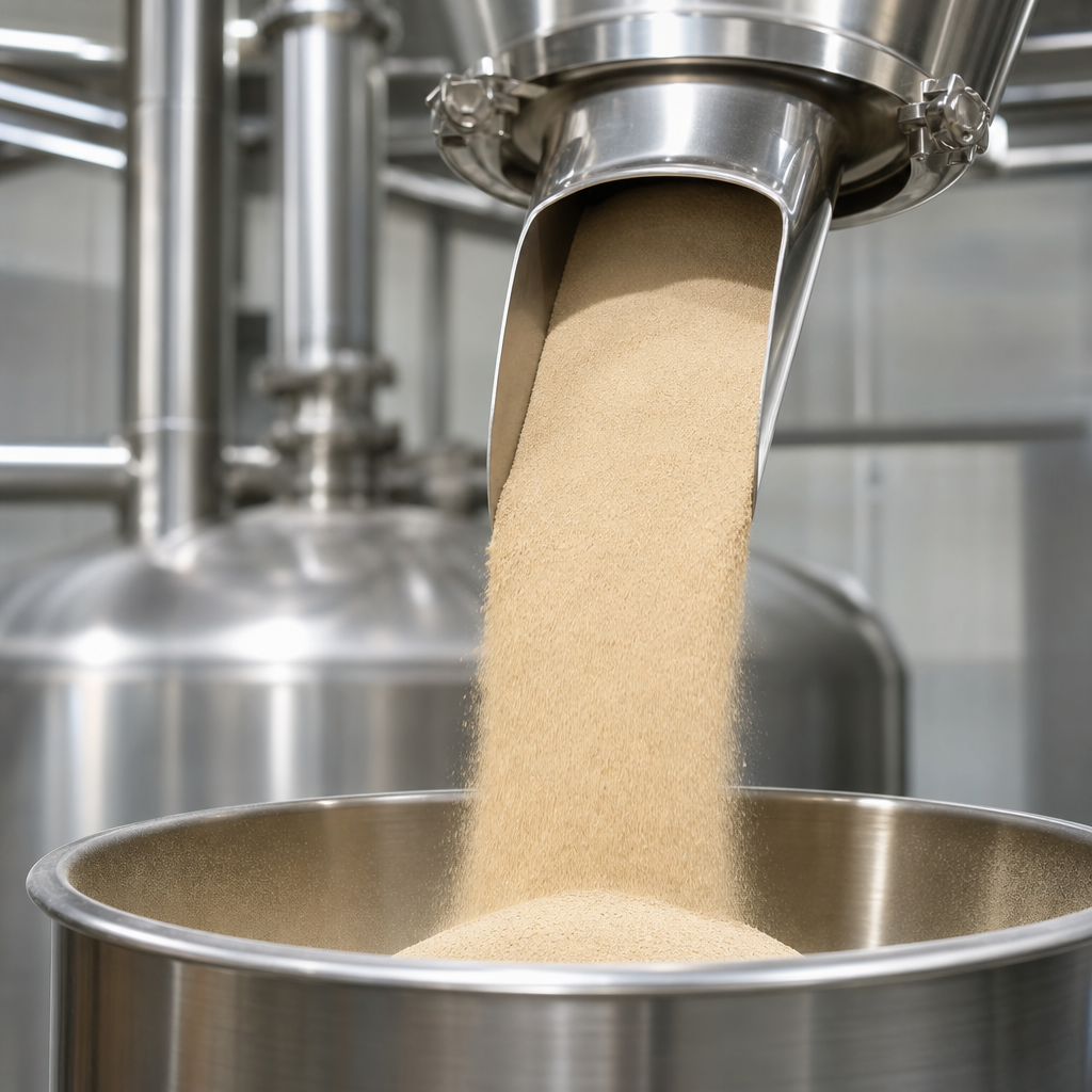Fine light-tan peptide powder flowing from a stainless steel discharge chute into a stainless steel collection vessel in a processing plant