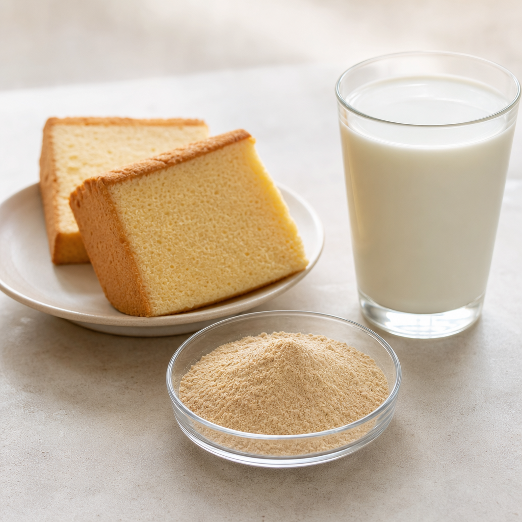 Fine light-tan peptide powder in a small glass dish beside slices of sponge cake and a glass of milk-style dairy drink