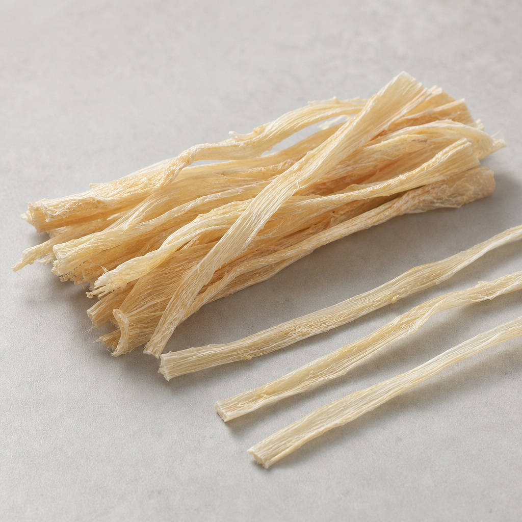 Dried pale ivory tendon ribbons with a pronounced fibrous longitudinal grain, with a few single strands laid out straight