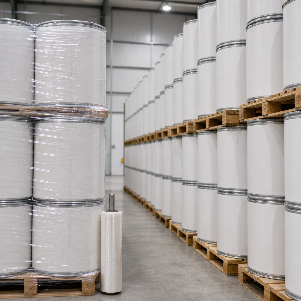 Neatly stacked plain white fibre drums wrapped in clear film on wooden pallets in warehouse rows with a roll of stretch film standing in the foreground