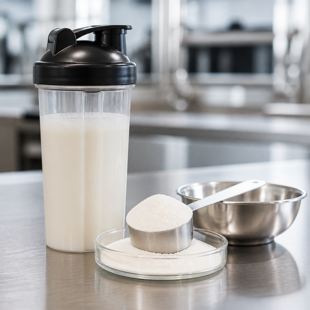 Clear shaker bottle filled with an opaque milky drink beside a stainless steel scoop of fine white crystalline powder in a small glass dish on a brushed steel worktop